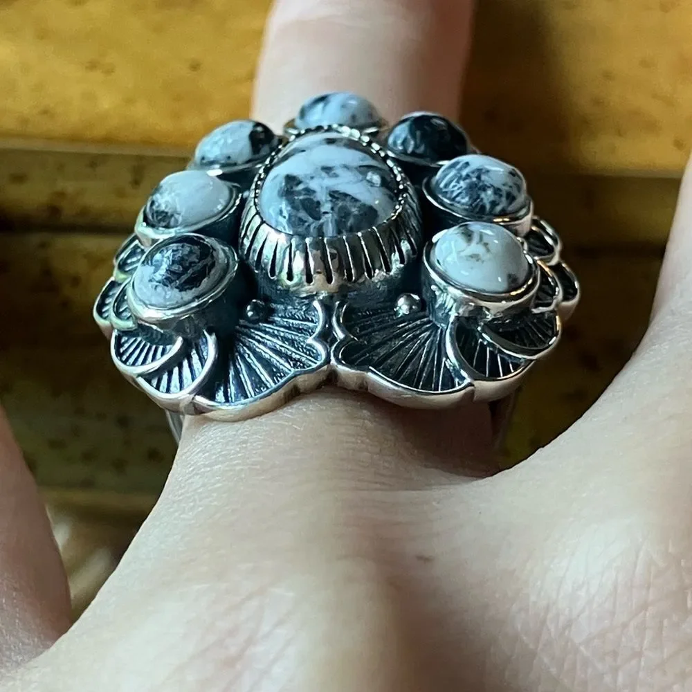Natural White Buffalo Sterling Silver Artistic Cocktail Ring Size 6
